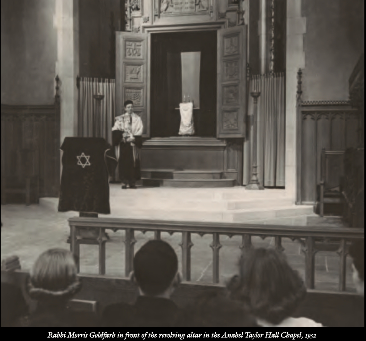 Rabbi Morris Goldfarb in front of the revolving altar in the Anabel Taylor Hall Chapel, 1952